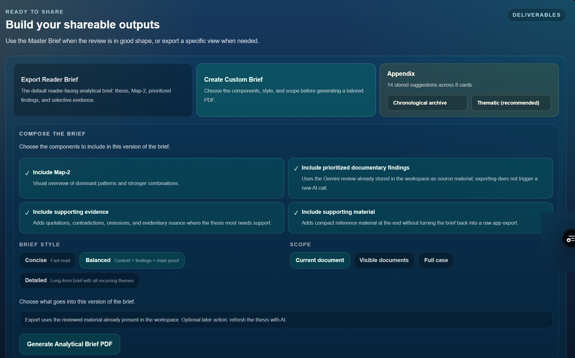 OuiDire custom brief export options with components, style, and scope controls